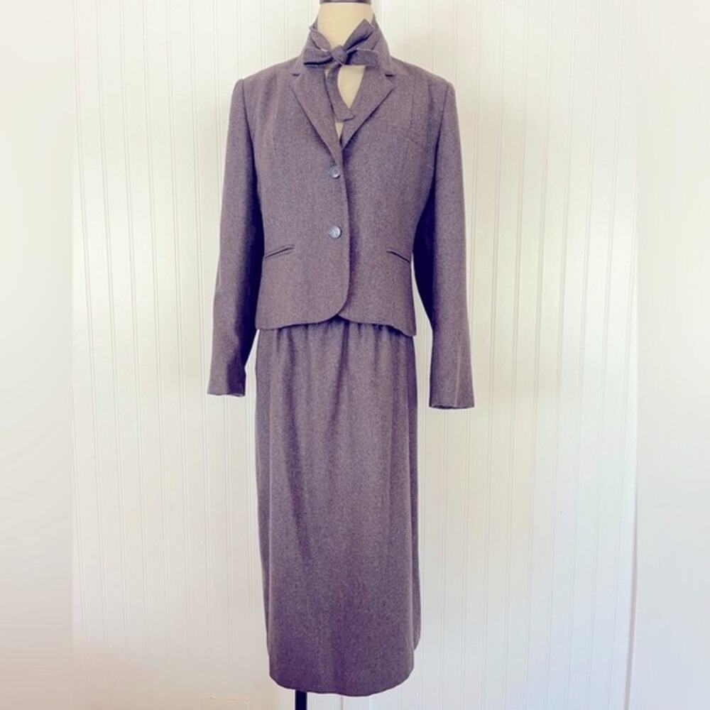 Vintage Purple Suit Matching Skirt and Blazer Coord Set Neck Tie Wool Career